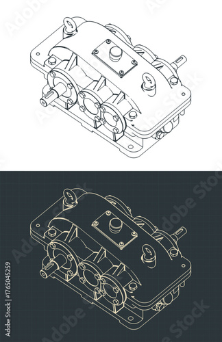 Reduction spur gear box isometrivc drawings