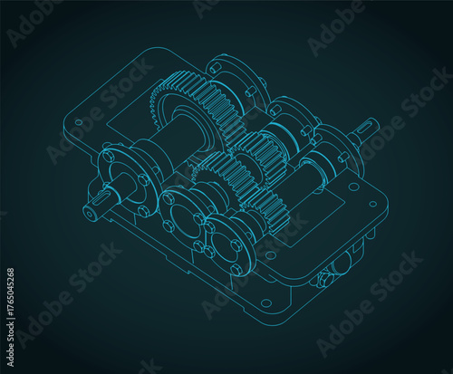 Reduction spur gearbox structure isometrivc blueprint
