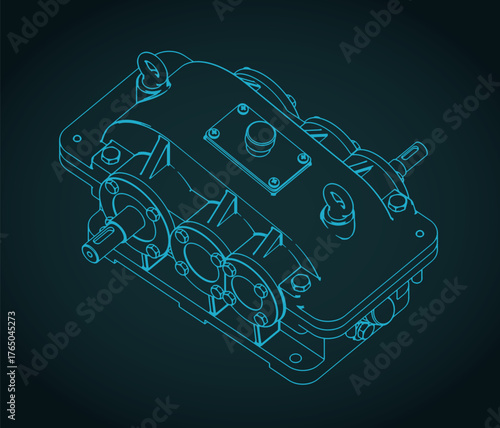 Reduction spur gear box isometrivc blueprint