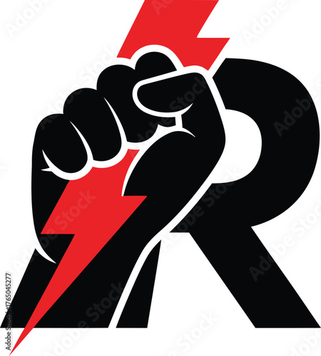Empowering logo concept featuring a fist holding lightning bolt symbolizing power energy and the letter r suitable for branding marketing and design vector Game logo