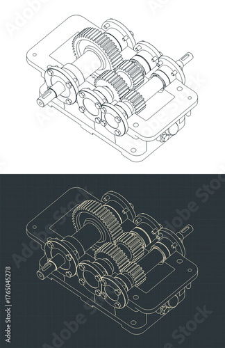 Reduction spur gearbox structure isometrivc drawings
