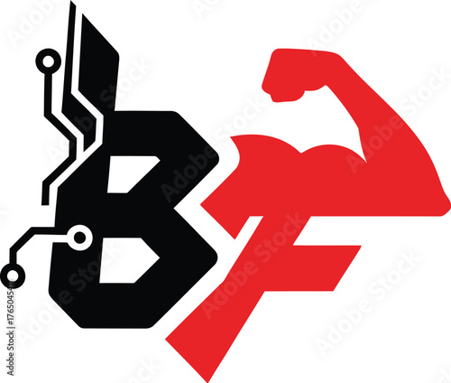 Dynamic fusion logo uniting digital byte technology with strong physical fitness power and human body muscle for modern health and cyber strength concepts vector Game logo