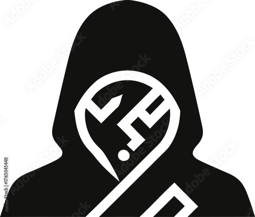 A dark hooded figure icon represents the shadow of online extremism hate crime and dangerous ideologies conveying cybercrime internet anonymity digital threat and hidden identity vector Game logo