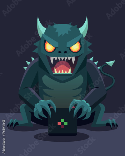 A monstrous being with glowing eyes and sharp claws wreaking havoc on someones online gaming experience constantly sabotaging their progress.. Vector illustration