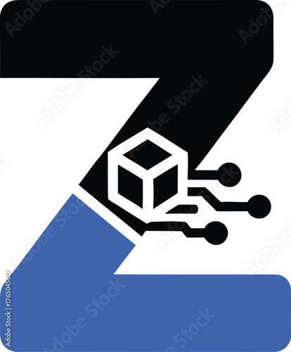 Futuristic z letter logo with blockchain cube and circuit board elements representing digital technology data and cryptocurrency innovation vector Game logo
