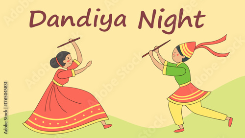 dandiya night festival illustration with traditional indian garba dancers in colorful ethnic attire on yellow background