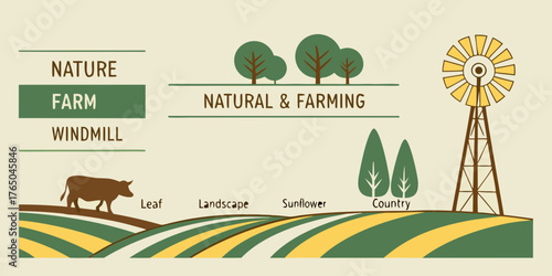vintage farm landscape illustration with rolling fields windmill trees and nature watching signage in earthy tones