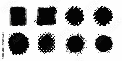 Collection of eight black grunge brush stroke shapes including squares and circles on a white background