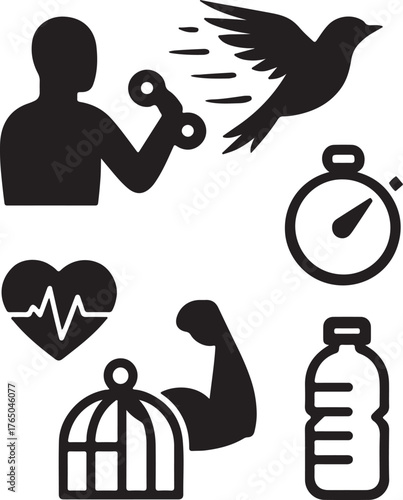 modern fitness icon set,  clean, scalable, strength, cardio, timing, health tracking, hydration, training. 