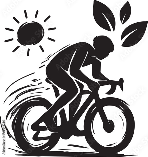 a bold, brush-stroked silhouette of a cyclist surrounded by sun rays and floating leaves, Pedal Forward, Nature’s Rhythm, Live Lightly. bike, riding, cycle, racing, fitness, exercise, activity