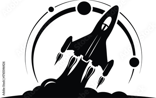 A silhouetted space rocket blasting off into the cosmos representing innovation and exploration discovering new horizons vector Game logo