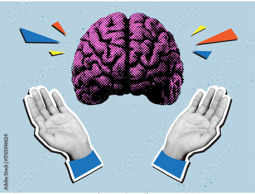 Retro halftone collage of hands holding pink brain on blue background, symbolizing creativity, intelligence, and innovation concept