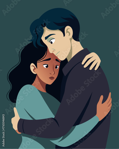 A hug between two lovers seems romantic but the huggers expression is sinister and their embrace turns into a controlling grip revealing their manipulative nature.. Vector illustration