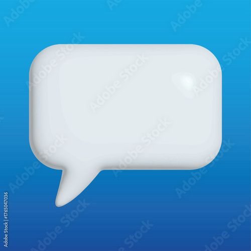 3D speech bubble on blue background. Modern glossy white blank 3D chat message notification icon popup. Design element for conversation interfaces, social media, websites, and apps. EPS 10.