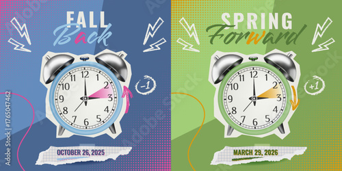 Fall Back 2025 and Spring Forward 2026 collage style set. Vector Daylight Saving Time illustration with 3D and charcoal elements