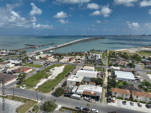 Aerial view of Port Isabel, Texas with the bridge to South Padre Island in the background