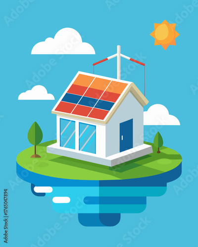 A oneofakind selfsufficient floating house featuring a unique solarpowered desalination system that provides clean drinking water from the surrounding sea.. Vector illustration