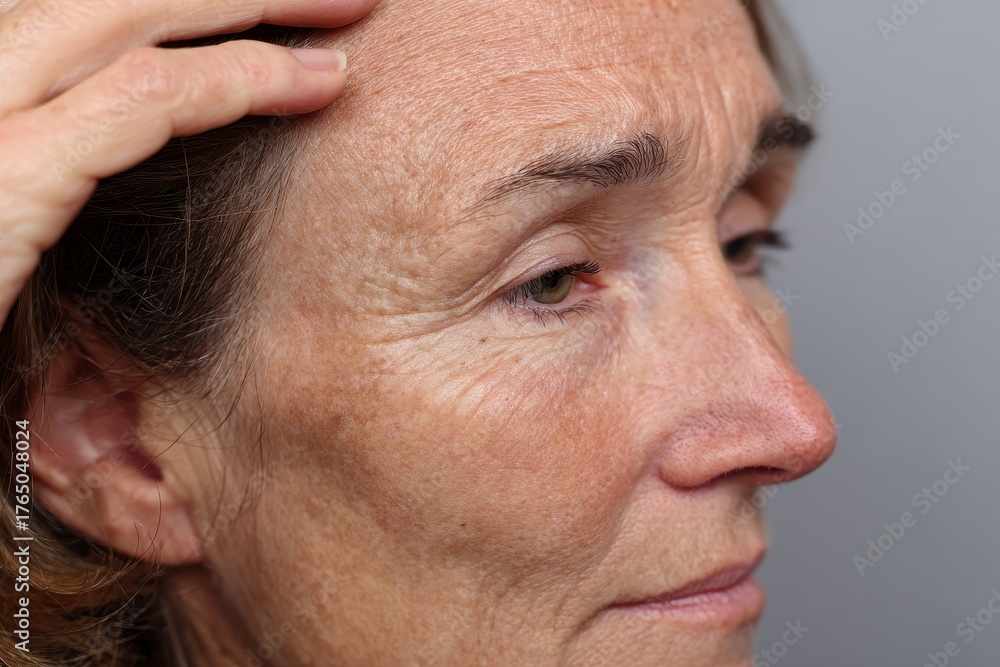 Obraz premium Mature Woman's Forehead with Dry, Peeling Skin from Seborrheic Dermatitis: A Glimpse into the Aging Process