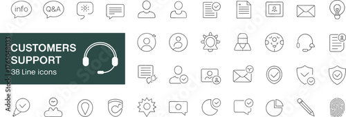 Customer support line icons, communication tools, help desk symbols, minimal style, monochrome UI elements for app, website, business, and service platforms