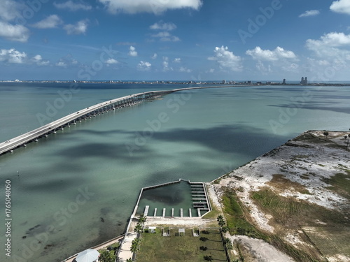 Aerial view of Queen Isabella Causeway, from Port Isabel to South Padre Island. Texas, USA