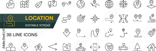 Location line icons, editable stroke, map pin, compass, GPS, navigation symbols, minimalist design, perfect for apps, websites, maps, and UI kits