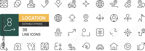 Location and navigation line icons, editable stroke, map pin, compass, globe, direction arrows, minimalist style, perfect for apps and UI kits