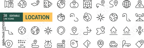 Location line icons, editable stroke, map pin, compass, GPS, navigation symbols, minimalist style, ideal for apps, maps, websites, and UI design