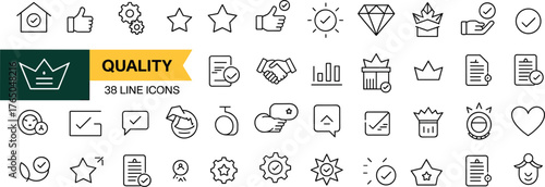 Quality line icon set, editable stroke, excellence symbols, performance, approval, recognition, minimalist design, business standards, vector pack, UI elements