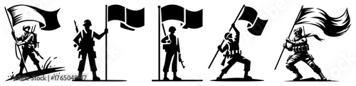 Warrior Flag Bearer Silhouette Set – Medieval Soldiers Holding Banners and Spears Black Retro Emblem Vector Illustration