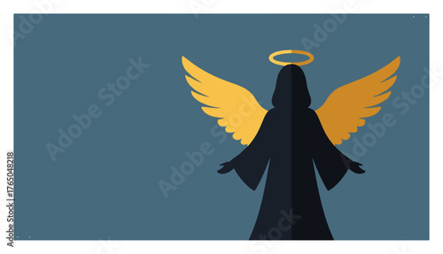 Dark Angel Silhouette with Golden Wings and Halo – Elegant Blue Holiday Card Background Celestial Guardian Vector Illustration