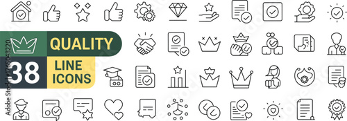 Quality, achievement, evaluation, minimal line icons, business symbols, professional interface elements, modern vector set, clean design, branding, certification, success