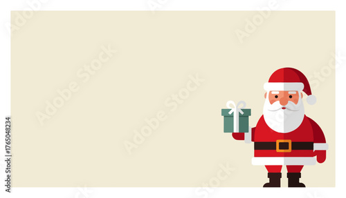 Flat Santa Claus with Gift Blank Christmas Card – Cute Red Suit Father Christmas Holding Present on Beige Background Vector Illustration