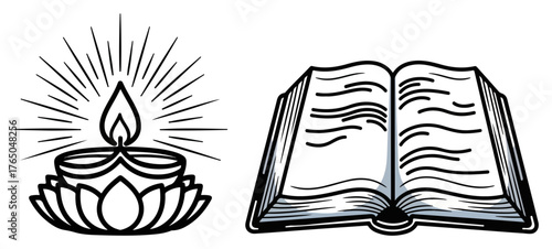 Diya Oil Lamp and Holy Book Icons – Line Art Spiritual Light and Sacred Scripture Vector Illustration Set