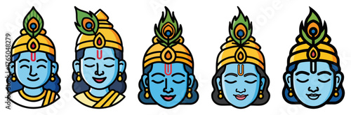Photos Lord Krishna Head Icons Set – Blue Hindu God Face with Peacock Feather Cartoon V