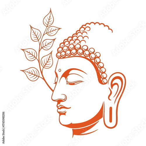 Buddha Face with Bodhi Leaves – Serene Line Art Spiritual Enlightenment Vector Illustration