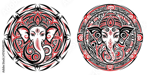 Tribal Ganesha Mandala Set – Ornamental Elephant God Circular Tattoo Design Vector Illustration