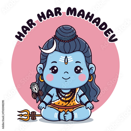 Baby Lord Shiva Har Har Mahadev – Cute Blue Hindu God Cartoon with Trident and Text Banner Vector Illustration