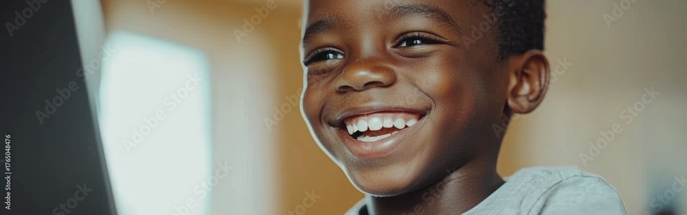 Fototapeta premium A joyful child smiling brightly while engaging with a computer, capturing the essence of happiness and curiosity in a playful moment.