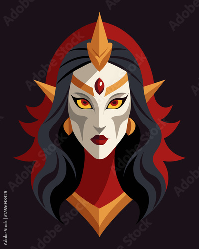 A mask of a beautiful goddess but as it slowly deteriorates the true nature of the deity as a jealous and vindictive being is revealed.. Vector illustration