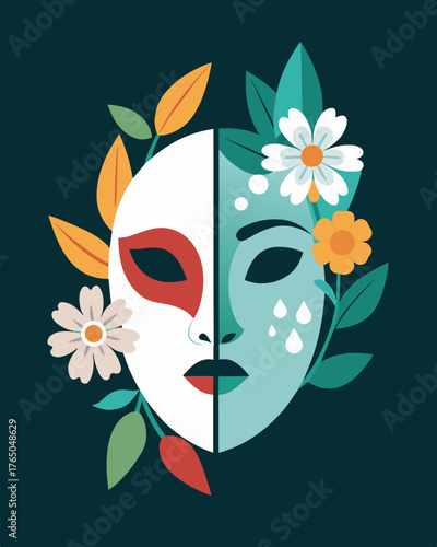 A floral mask depicting purity and innocence but as it splits open the corrupted and deceitful persona of the wearer is exposed.. Vector illustration