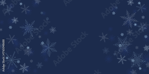 Delicate border with white snowflakes on a dark blue background. Christmas  snowfall card with copy space. Horizontal banner with New Year decoration. Vector illustration.