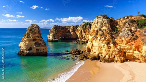 Scenic coastline featuring sandstone cliffs, turquoise water and a sandy beach in sunny weather. The rocky formations are a natural wonder.