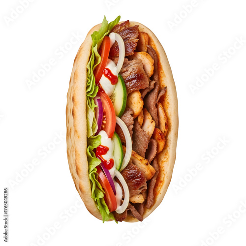 Savory single doner kebab sandwich isolated on transparent or white background. PNG