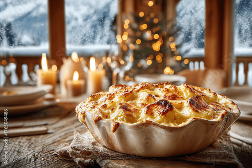 Creamy truffled potato gratin served in elegant snowy French chalet