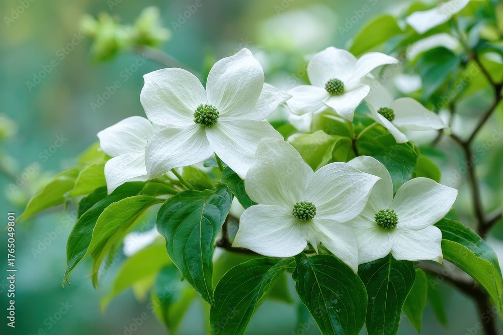 Fototapeta premium Vibrant Kousa Blossom: Showcase of a Cornus Kousa Shrub with Striking White Flowers in a Lush Spring Garden