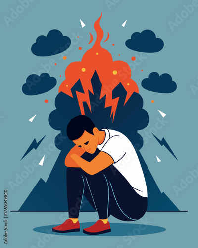 A person crouched in fear as a powerful volcano labeled with different manifestations of stress such as anxiety anger and exhaustion rages in the background.. Vector illustration