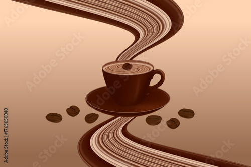 Background with abstract lines of coffee and milk, a coffee cup  and coffee beans. Suitable for banners, posters, websites, wallpapers, and backgrounds. Vector illustration.