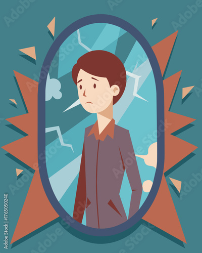 A cartoon illustration of a persons distorted reflection in a shattered mirror symbolizing a fragmented sense of reality.. Vector illustration