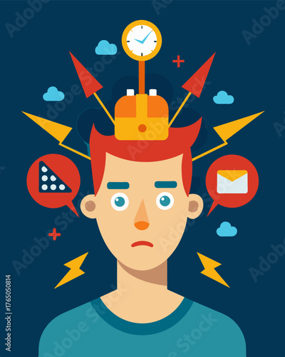 A barrage of flashing lights blaring alarms and urgent messages bursting out of a persons head reflecting the constant bombardment and overload of stress.. Vector illustration