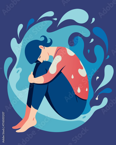 A person curled up in the fetal position on the ground their body being pummeled by crashing waves of stress.. Vector illustration
